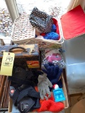 Sewing basket w/ yarn, knee brace, old travel case, gloves & hats.