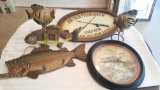 6 pc. fishing collectibles, pottery fish, clock and decor