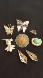 Vintage sterling silver lot, Mexican silver pins, turquoise pill box