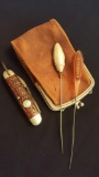 Old coin purse, Boy Scout knife and 2 hat pins