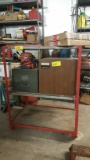 Industrial rolling cart, mini fridge, tools, vintage truck mirrors