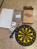 Dart board, hair curler, BBQ grill basket, auto dice, cardboard ornament holder