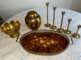 Italian tray, brass candlesticks, brass bowl & jar.