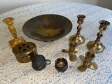 Brass bowl, candlesticks, Oriental small pot.