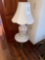 Small Marble-Top Stand and Floral Porcelain Lamp