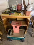 wood shelf, garden cart, garden tools