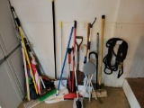 group of brooms, mops, umbrellas, hose, Shark steamer