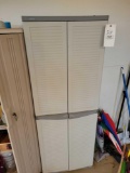 plastic 2-door garage cabinet with sprays and cleaners