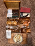 Cutco Knife Set and Knife sharpener, wooden Dishes, wood cheese tray