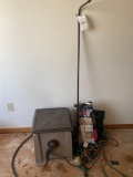 hose and reel box, charcoal, electric cords, stool