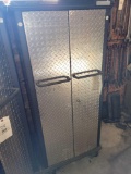 Forge 2-door diamond plate front garage cabinet with key and contents on casters