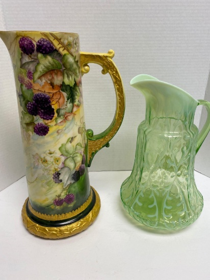 antique hand painted French tankard, rare north wood Spanish lace pitcher