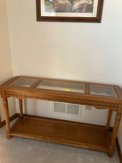wooden sofa table with three pieces of glass on top