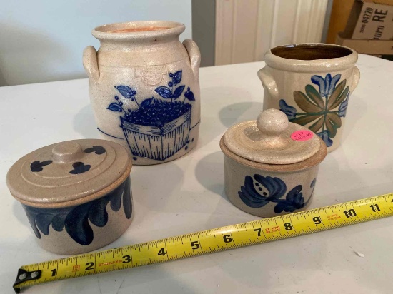 Salmon Falls berry basket scene jar, (3) other stoneware jars.