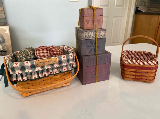 (2) Longaberger baskets, set of decorator boxes.
