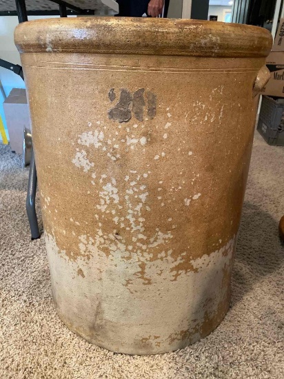20 Gallon stoneware crock, glaze veneer is missing.