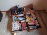 Boxes of Assorted Books, Empty Binders, Bags, and Board Games