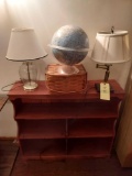 Wooden Shelf, 2 Lamps, Globe, and Picnic Basket