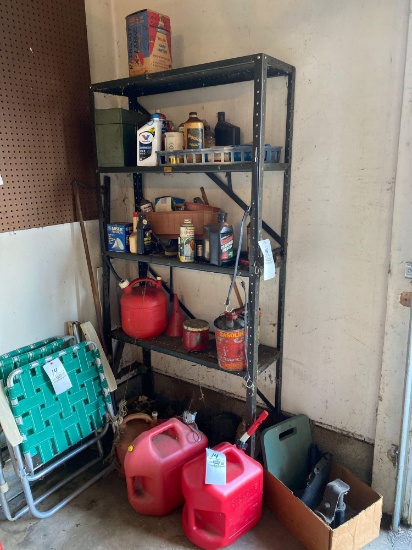 metal shelf & contents, gas cans, aluminum folding chairs and more