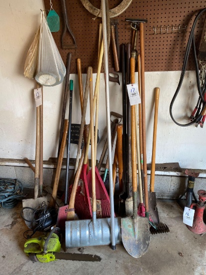 garden tools, cable comealong, bird feeder, shovels, rakes and more