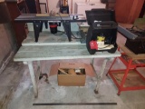 Wooden Work Table, Box of Tools, Router Table, Table Saw, and Craftsman Router