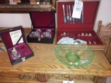 Silver Silverware Set, Crystal Shaker and Candleholders, and Ornate Dish