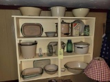Contents of wall shelf, green trim graniteware, buckets, pots, pans, blue jars