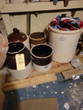 12 Gallon wire handle crock, 5 gal churn, jug with broken handle, 3 gal crocks