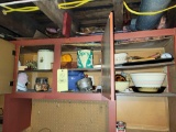 Contents above bench, banded bowl, tins, graniteware