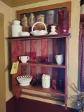 Red painted shelf, red and milk glass some fenton, crock picture