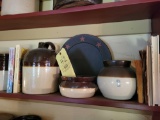 1 Shelf of brown top bean pots, jugs, cook books