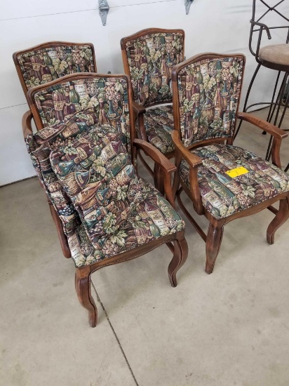 Formal tavern chairs with wine bottle print and 2 pillows. Bid x 4