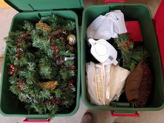 2 totes of holiday decor, garland, Fitz and Floyd items