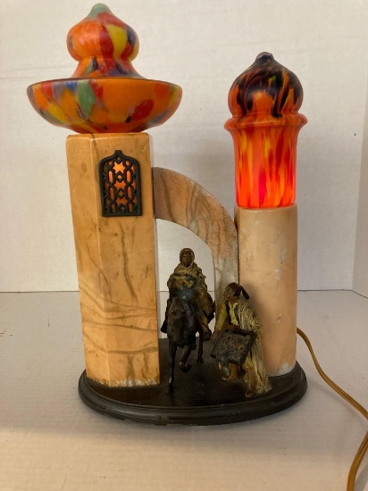 Antique Art Glass double shade Middle Eastern/Arab lamp, possible bronze figures possibly Bergman