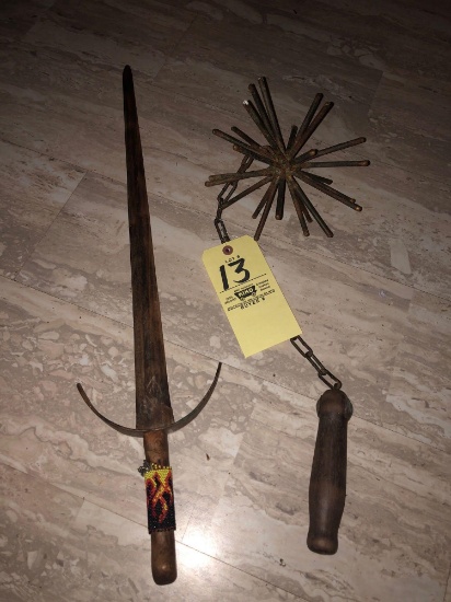wood sword and homemade ball flail weapon