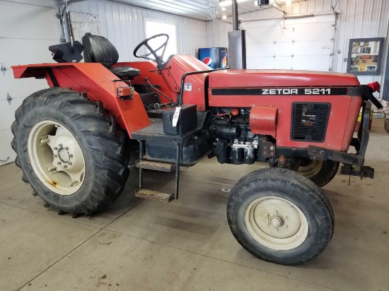 Zetor 5211 diesel tractor, shows 1,119 miles, 3pt, pto, ROPs, runs good, good tires