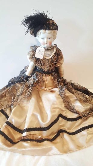 Antique china head doll, old lace dress, blonde blue eyed