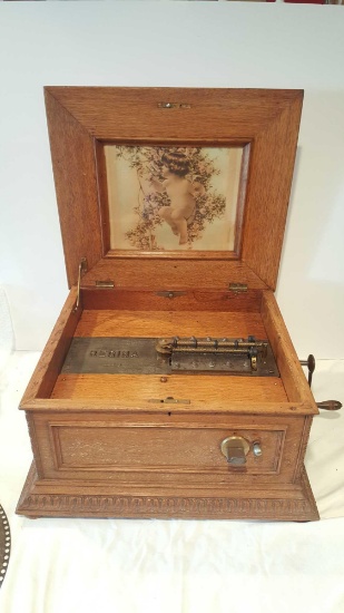 Antique Regina oak case wind up music box, coin op, one plate, 34401