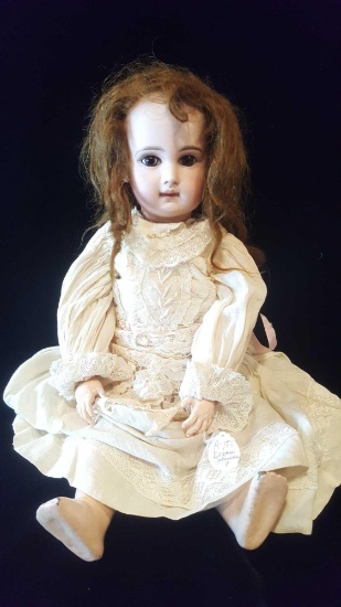 Antique French Jumeau doll, Paris, 19 inches, pierced and applied ears, brown glass eyes