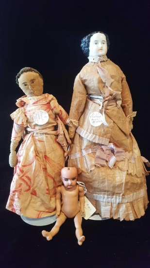 3 early antique dolls, china head, cloth and bisque