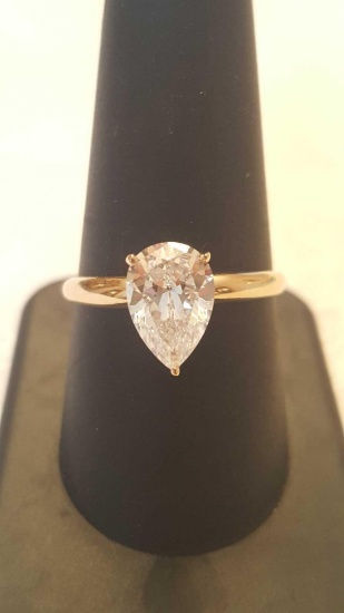 2 carat CZ pear solitaire ring in 14k gold