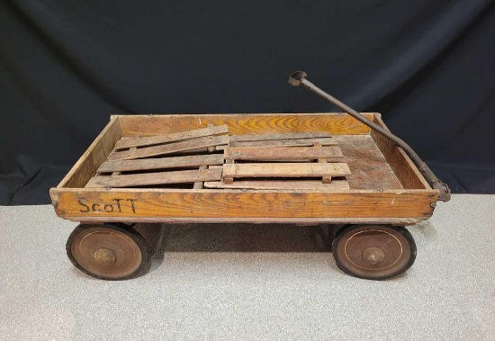 Children's oak wagon stenciled Plain Dealer, with extra wood sides, kids name Scott wrote on side