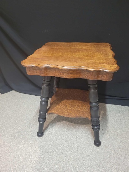 Heavy oak lamp table with black painted legs, top 24 x 24 inches