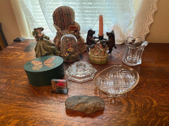 pattern glass, brass pigs dancing candle stick, lady figurine, flint, shaker box and more