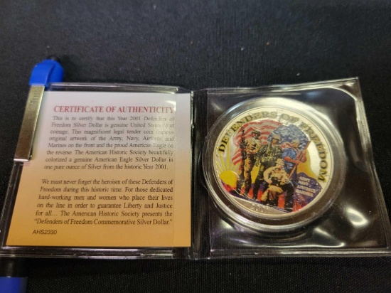 American Historic Society Defenders of Freedom Commemorative Silver Dollar, colorized, 1 oz.