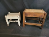 Pair of mission oak stool, white painted stool marked Walter Thurman