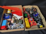 2 boxes of cars, parts, tractor wheels, space figures