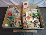 2 Boxes of miniatures, small toys, pins, fertilizer advertising