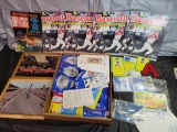 Baseball sticker yearbooks, racing photos, McDonald's Cy Young stat cards, A patch