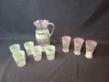 Enameled lemonade pitcher set with 5 glasses, 3 enameled glasses